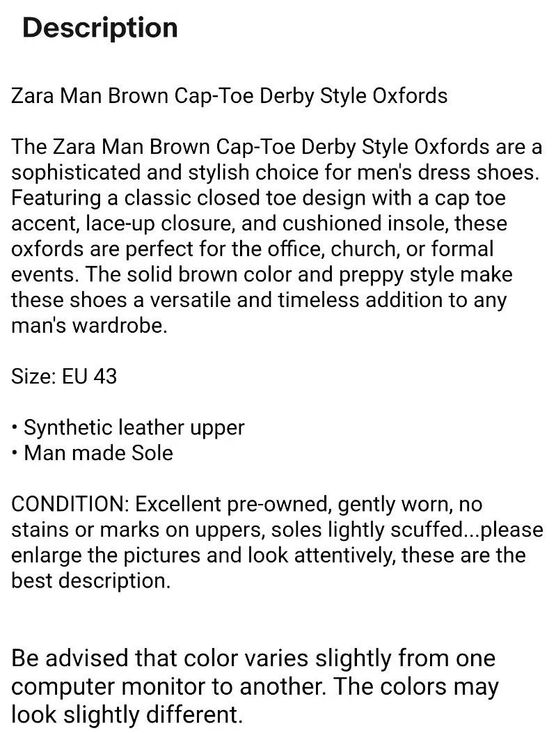 Zara Man Brown Cap-Toe Derby Style Oxfords EU 43 / US 10 Office Church Casual main image 8